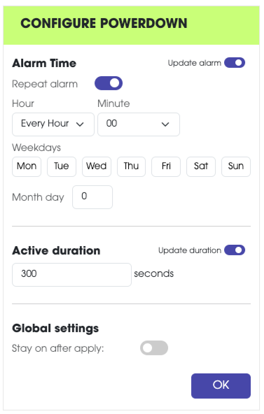 Powerdown configuration screen